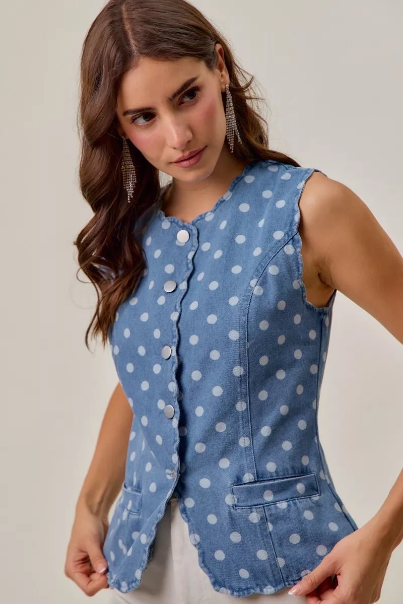 SO ME Polka Dot Denim Scallop Edge Button Down Vest Top - AMVIM