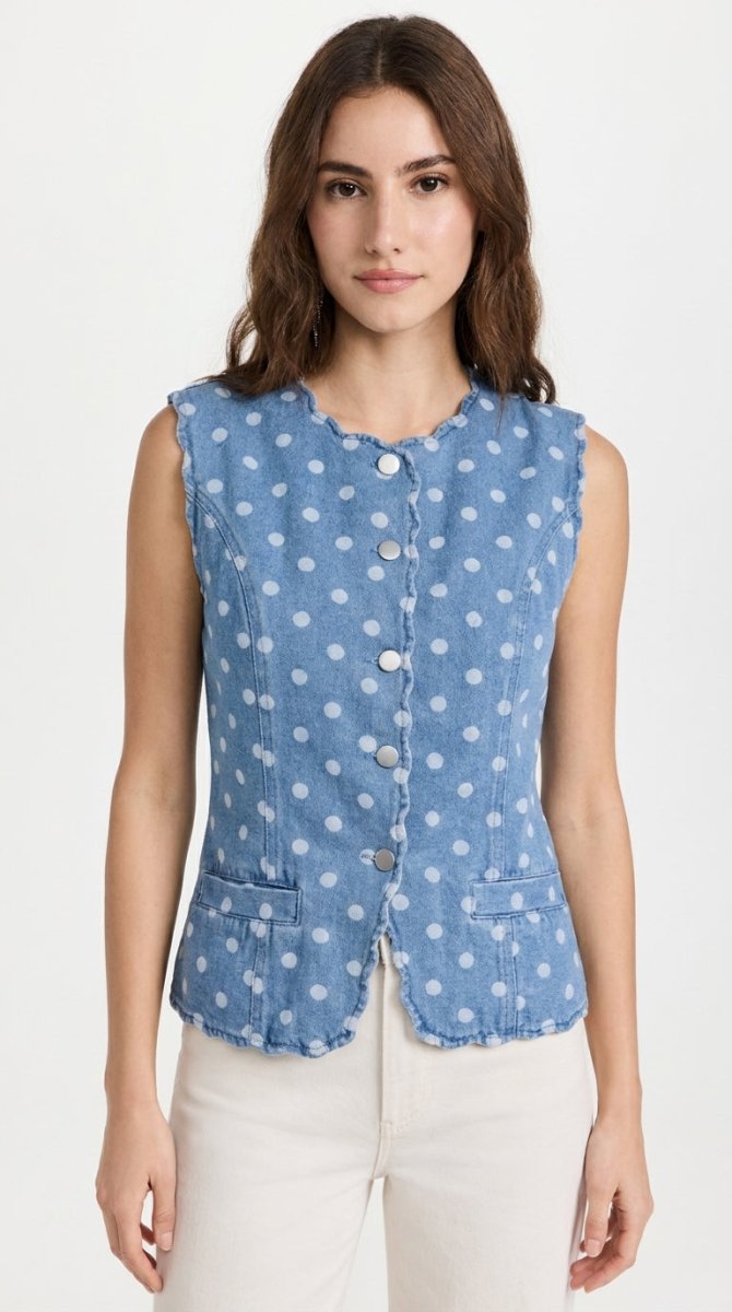 SO ME Polka Dot Denim Scallop Edge Button Down Vest Top - AMVIM