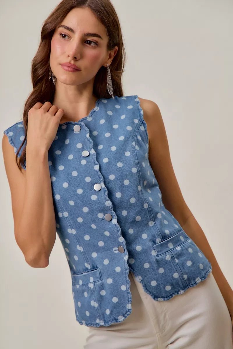 SO ME Polka Dot Denim Scallop Edge Button Down Vest Top - AMVIM