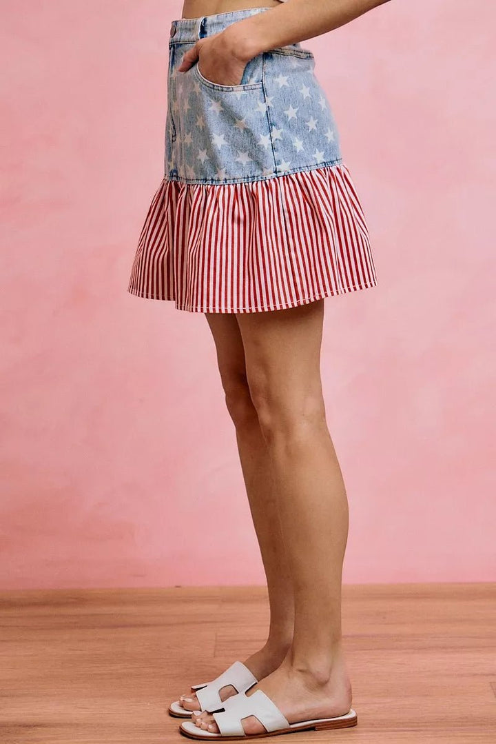 SO ME Stars And Stripes Fit And Flare Denim Mini Skirt - AMVIM