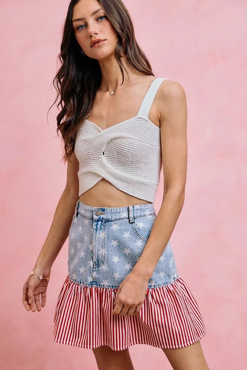SO ME Stars And Stripes Fit And Flare Denim Mini Skirt - AMVIM