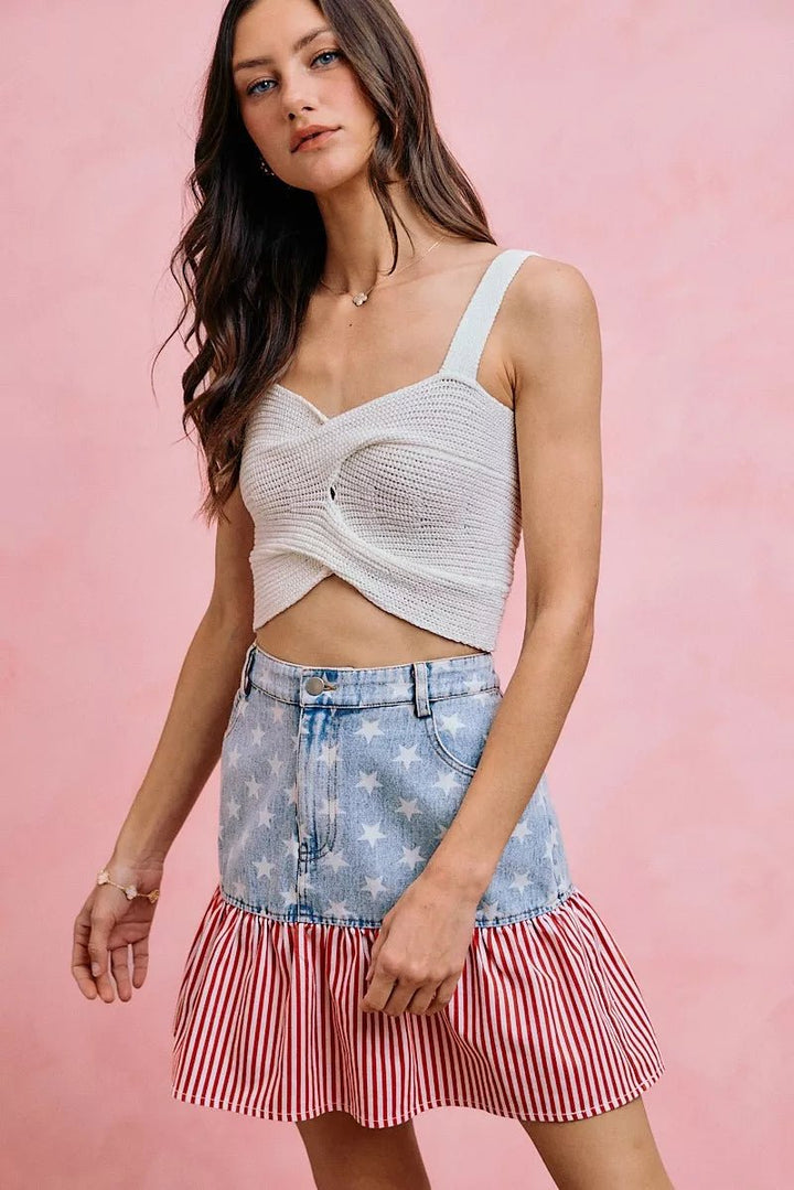 SO ME Stars And Stripes Fit And Flare Denim Mini Skirt - AMVIM