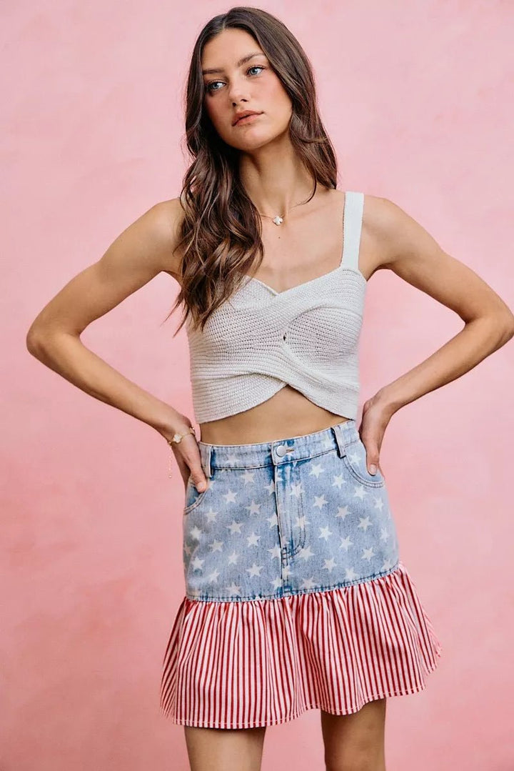 SO ME Stars And Stripes Fit And Flare Denim Mini Skirt - AMVIM