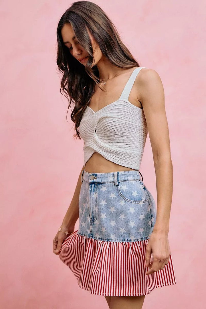 SO ME Stars And Stripes Fit And Flare Denim Mini Skirt - AMVIM