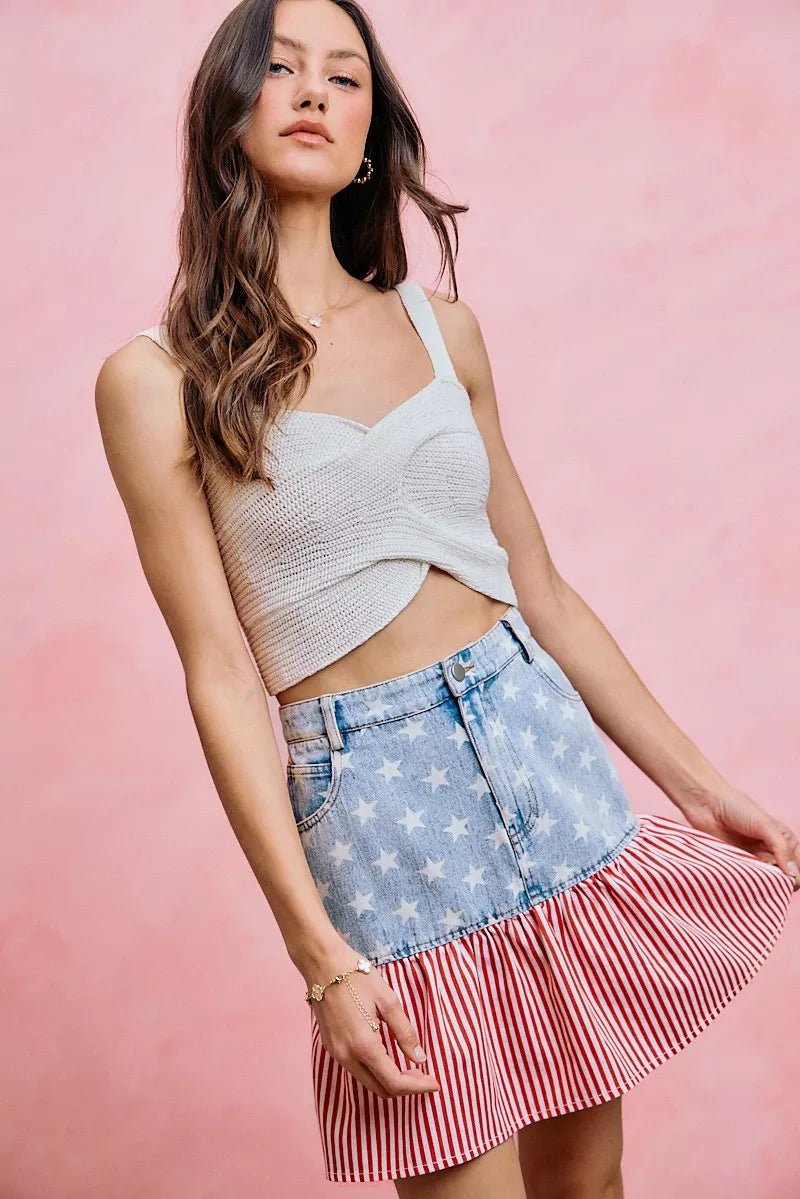 SO ME Stars And Stripes Fit And Flare Denim Mini Skirt - AMVIM