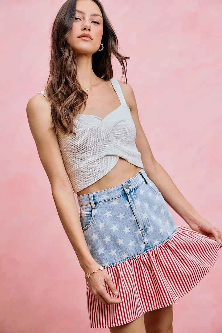 SO ME Stars And Stripes Fit And Flare Denim Mini Skirt - AMVIM