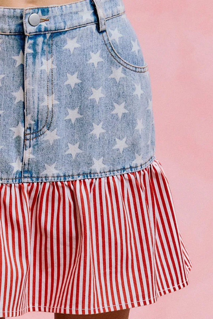 SO ME Stars And Stripes Fit And Flare Denim Mini Skirt - AMVIM