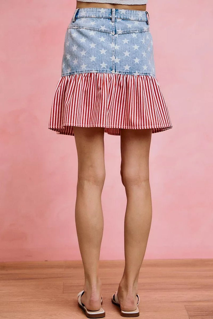 SO ME Stars And Stripes Fit And Flare Denim Mini Skirt - AMVIM
