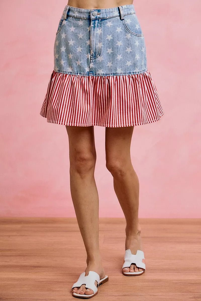 SO ME Stars And Stripes Fit And Flare Denim Mini Skirt - AMVIM