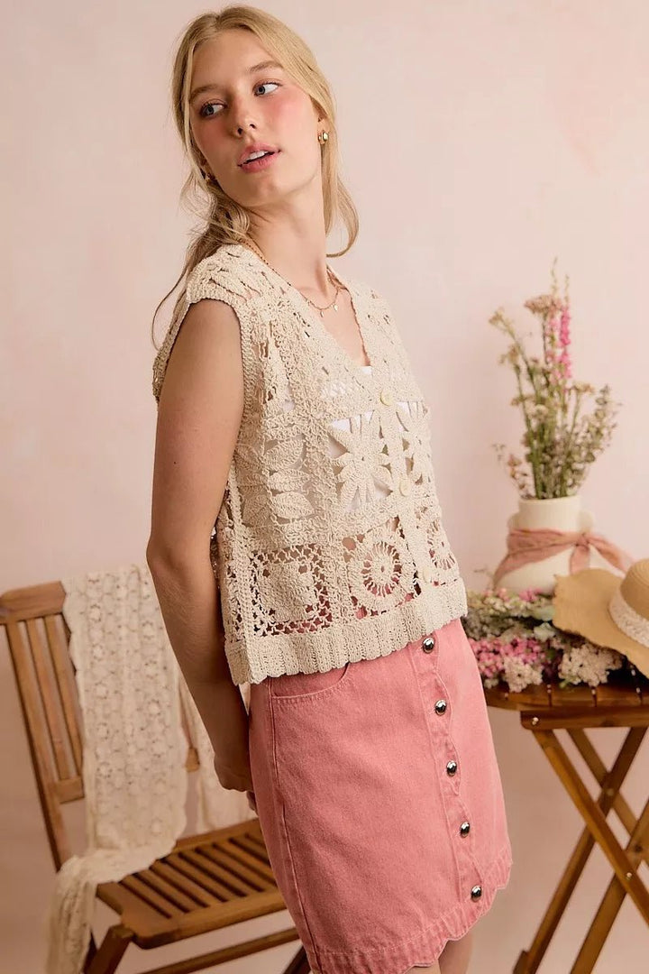 SO ME Summer Crochet Patterned Sleeveless Vest Top - AMVIM