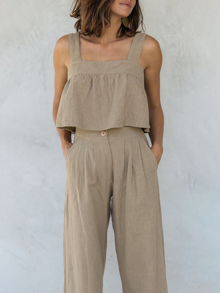 Square Neck Wide Strap Top and Pants Set - AMVIM