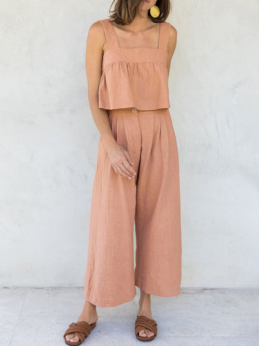 Square Neck Wide Strap Top and Pants Set - AMVIM