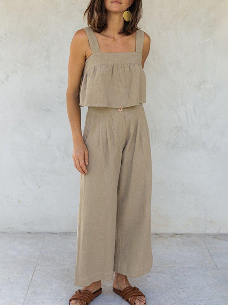 Square Neck Wide Strap Top and Pants Set - AMVIM