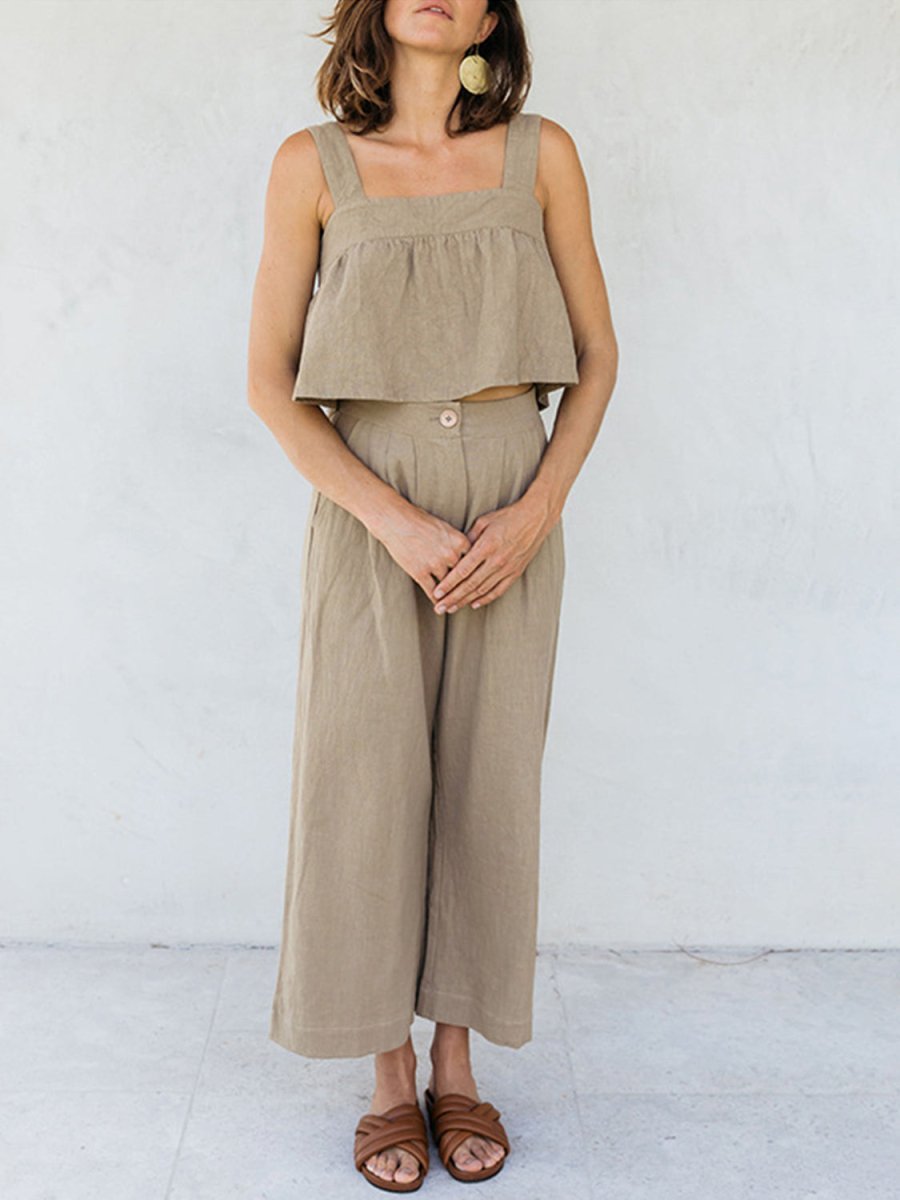 Square Neck Wide Strap Top and Pants Set - AMVIM