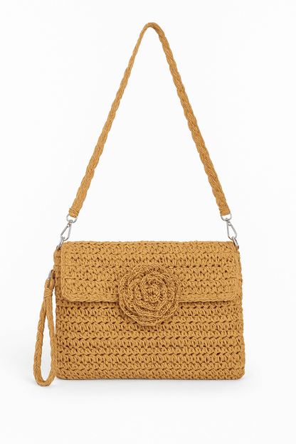 Straw Flower Flap Clutch Natural Straw Handwoven - AMVIM