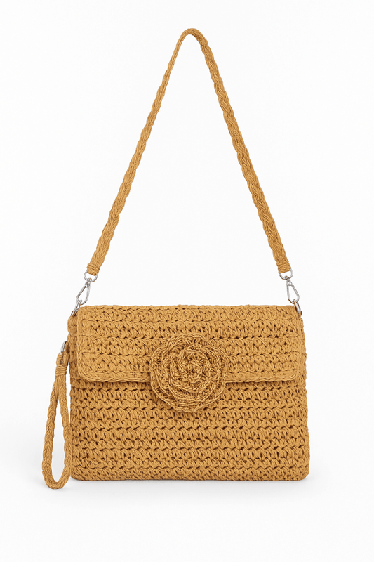 Straw Flower Flap Clutch Natural Straw Handwoven - AMVIM
