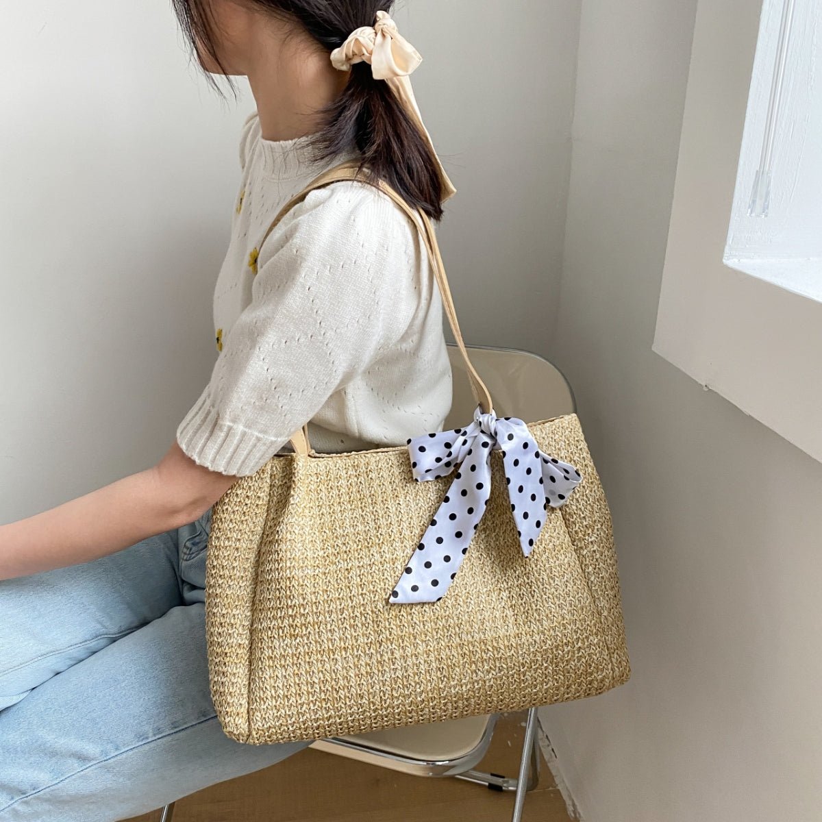 Straw Woven Leather Strap Handbag - AMVIM