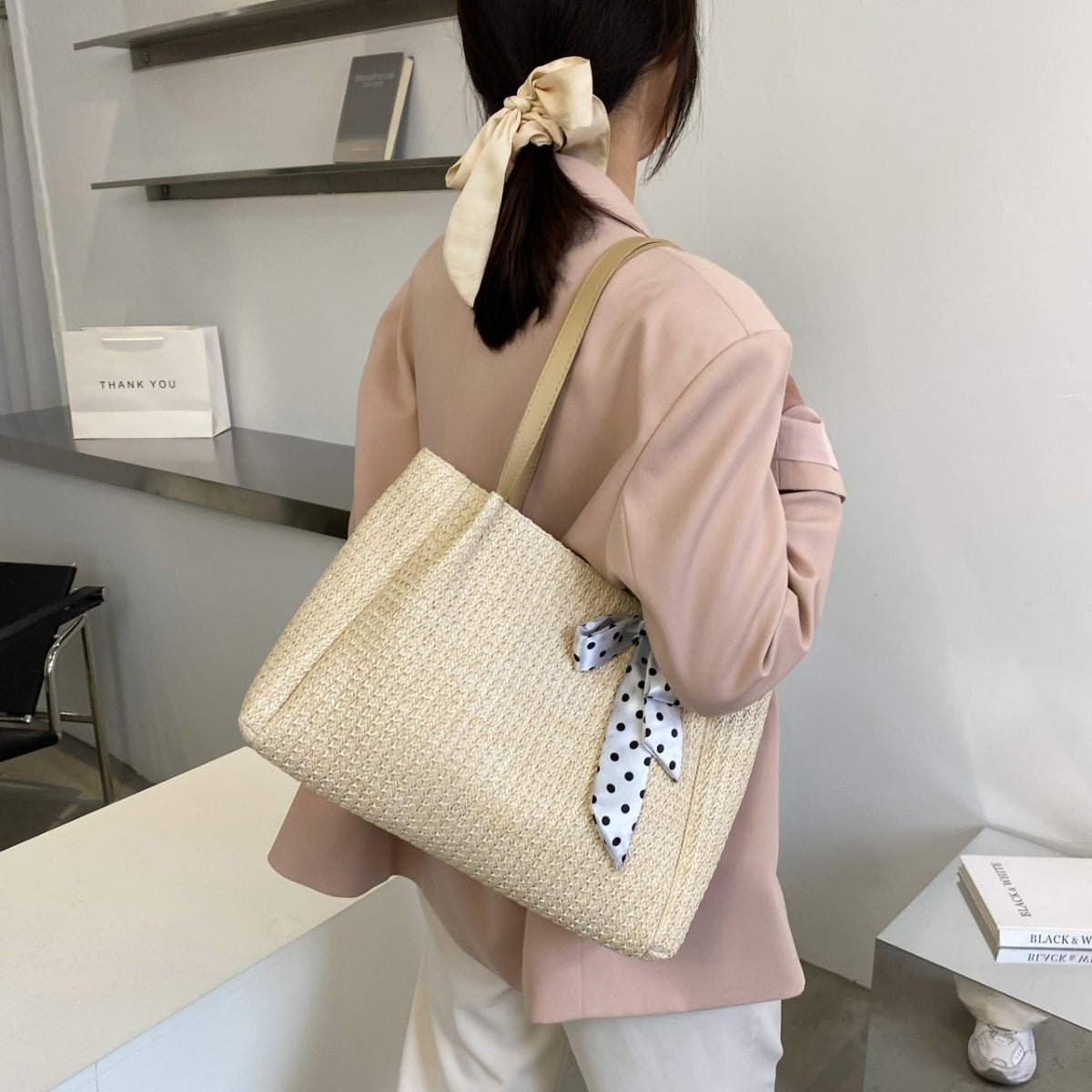 Straw Woven Leather Strap Handbag - AMVIM