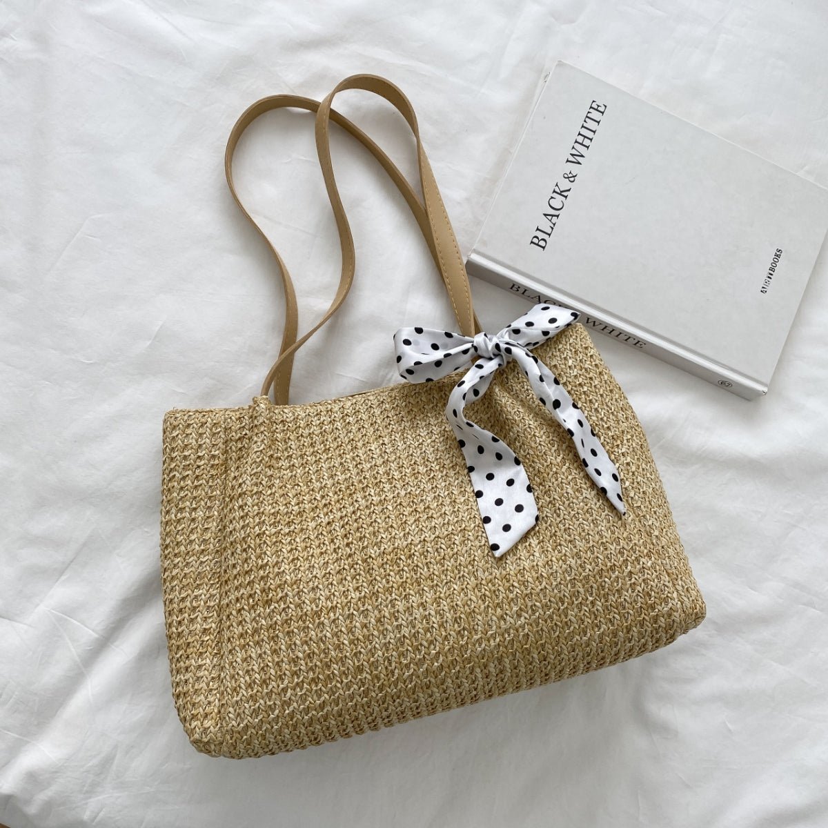 Straw Woven Leather Strap Handbag - AMVIM