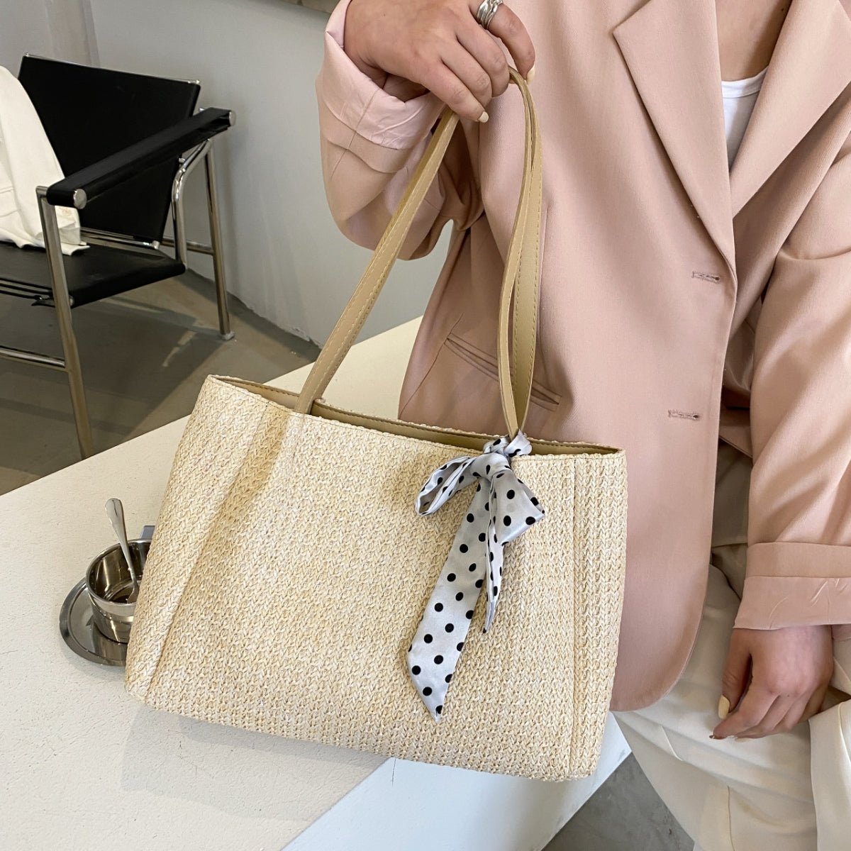 Straw Woven Leather Strap Handbag - AMVIM