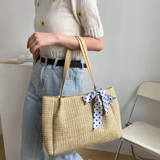 Straw Woven Leather Strap Handbag - AMVIM