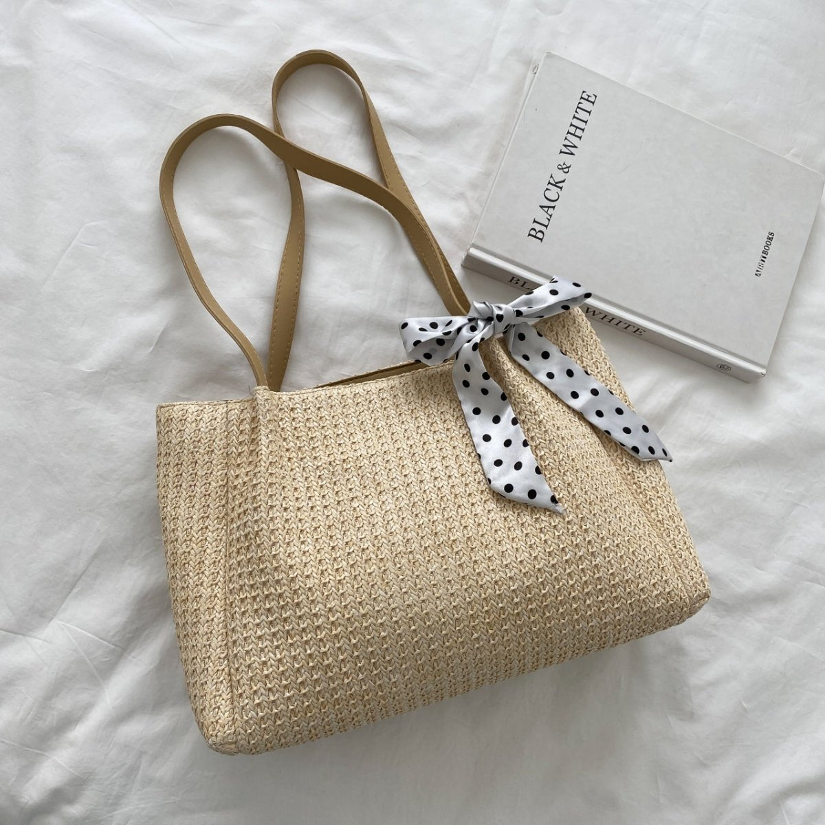 Straw Woven Leather Strap Handbag - AMVIM