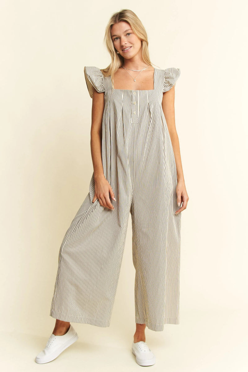 Striped Cotton Flutter Sleeve Jumpsuit for Women – Relaxed Fit - AMVIM