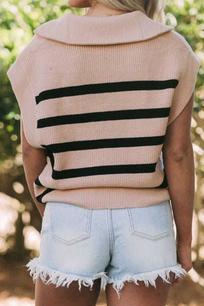 Striped Half Zip Cap Sleeve Knit Top - AMVIM