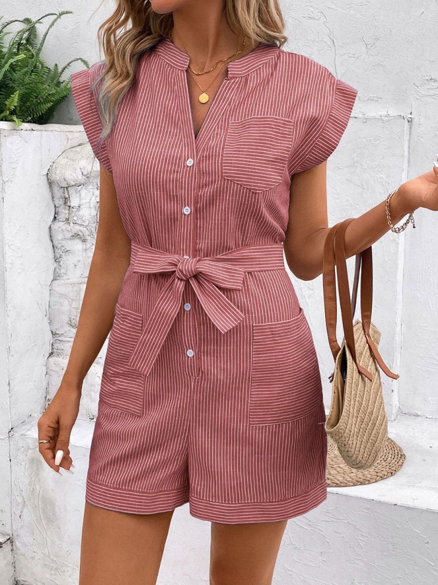 Striped Notched Tie Waist Romper - AMVIM