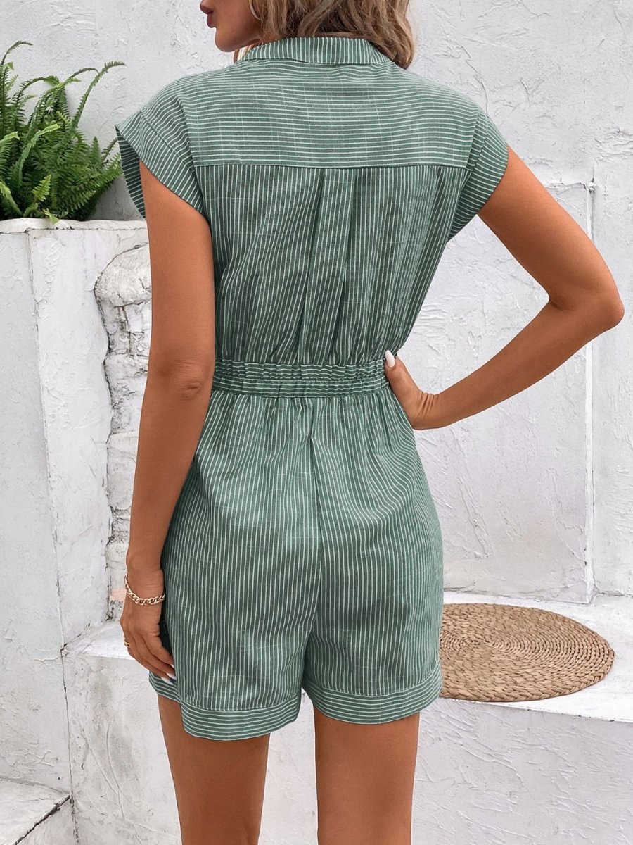 Striped Notched Tie Waist Romper - AMVIM