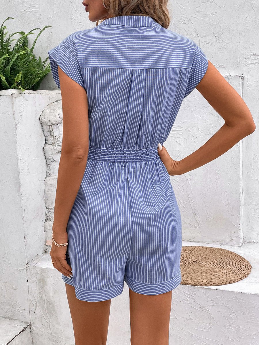 Striped Notched Tie Waist Romper - AMVIM