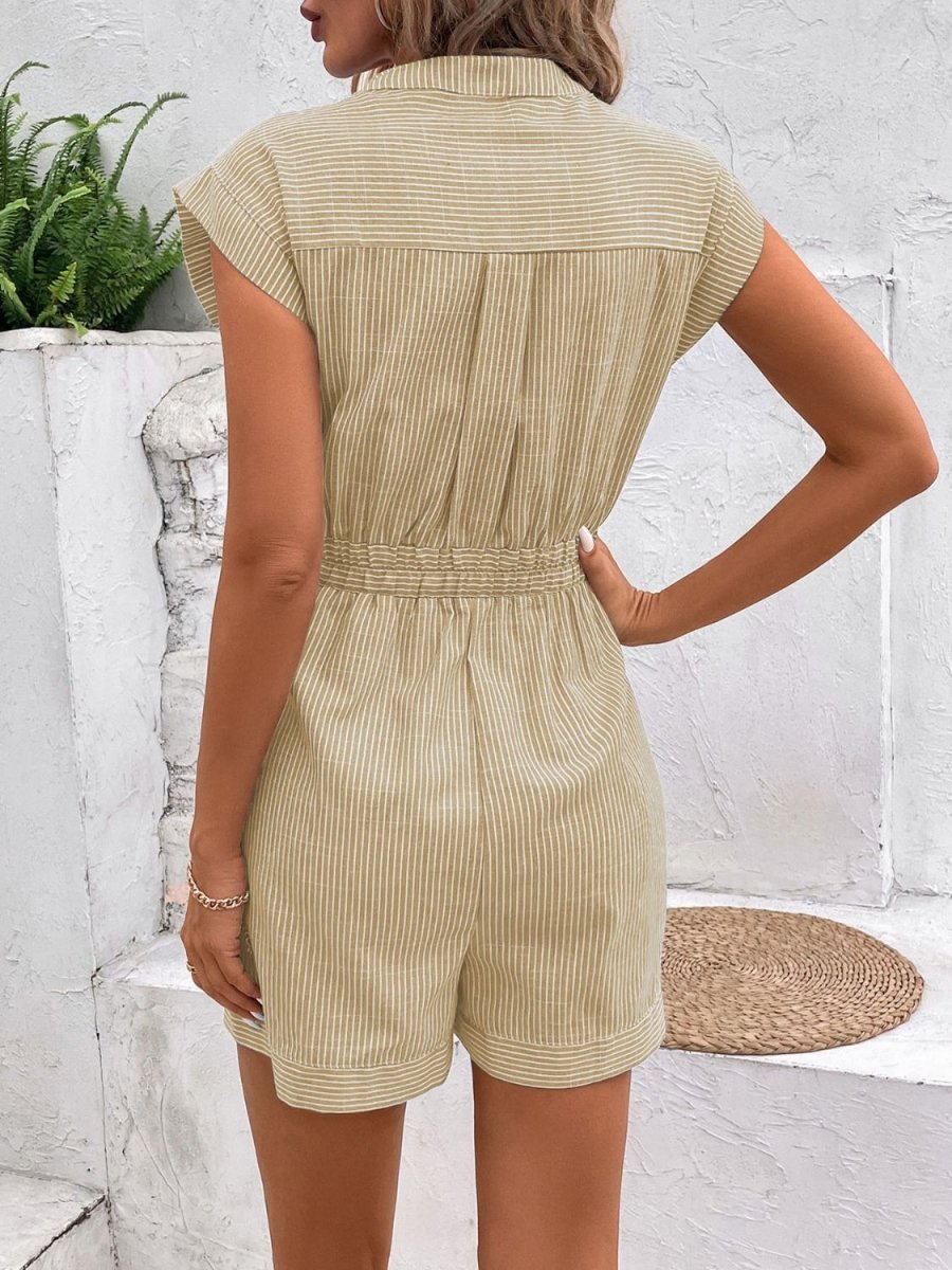 Striped Notched Tie Waist Romper - AMVIM