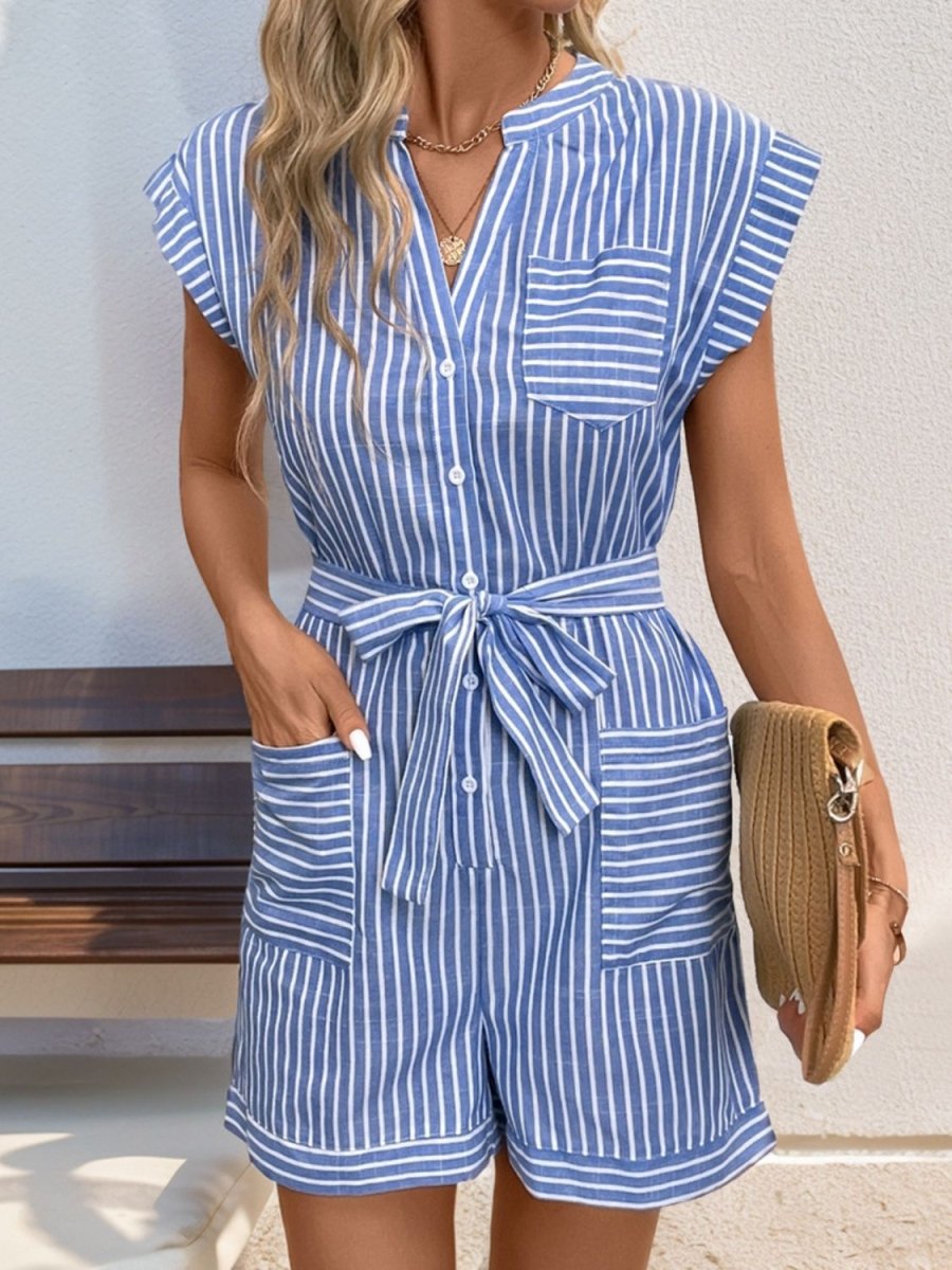 Light Blue Striped Notched Tie Waist Romper - Short Sleeve Short Women&