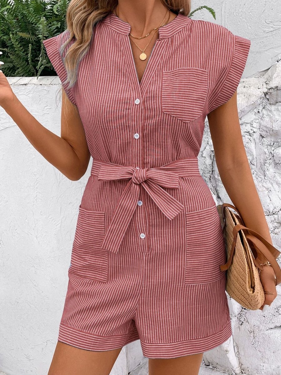 Striped Notched Tie Waist Romper - AMVIM