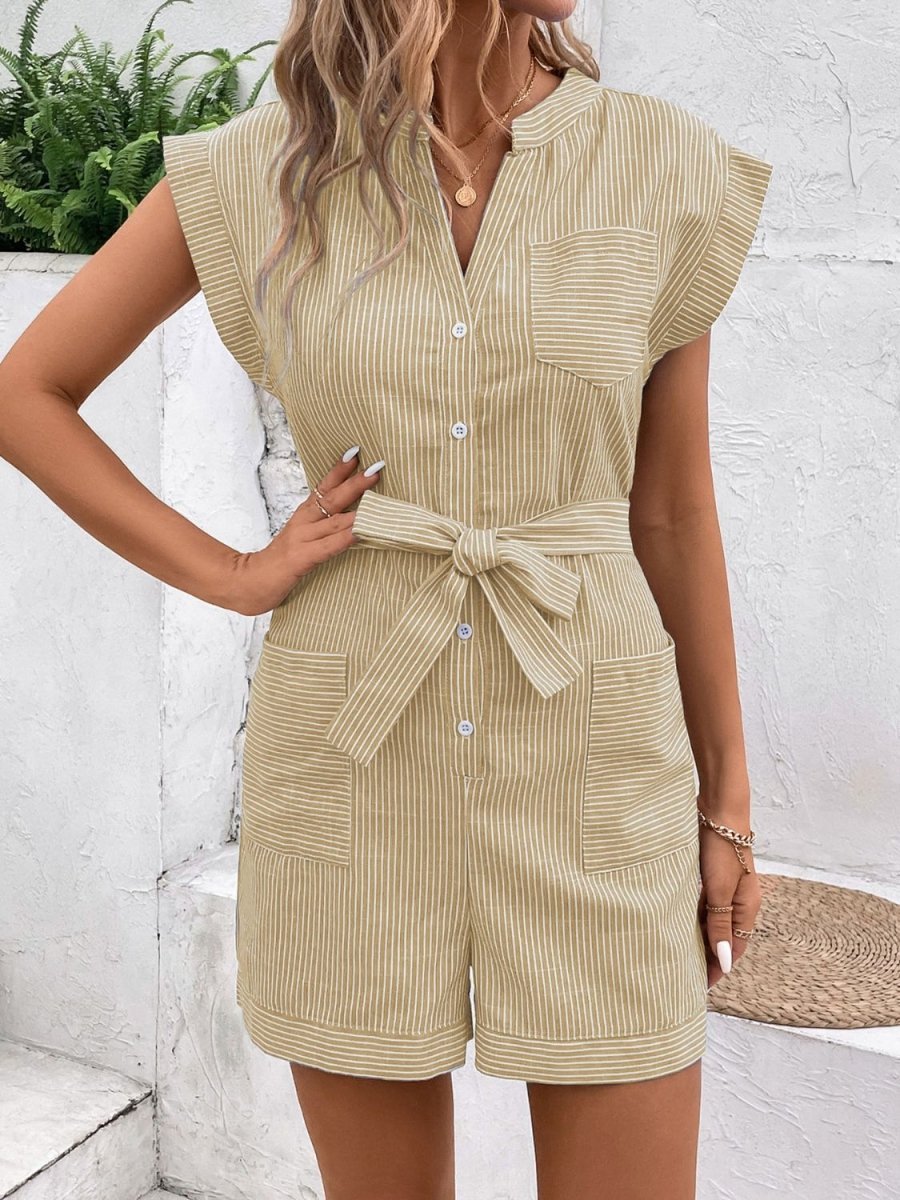 Striped Notched Tie Waist Romper - AMVIM