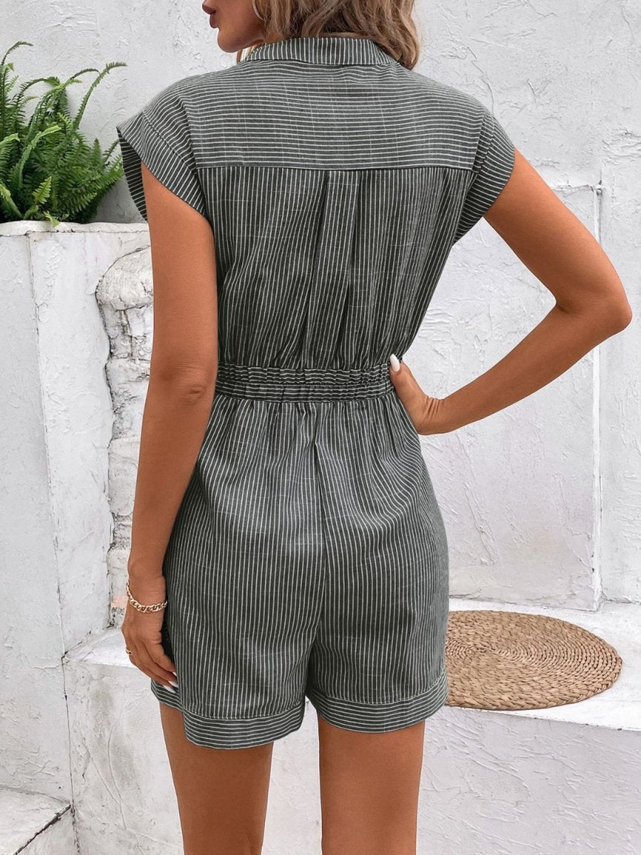 Striped Notched Tie Waist Romper - AMVIM