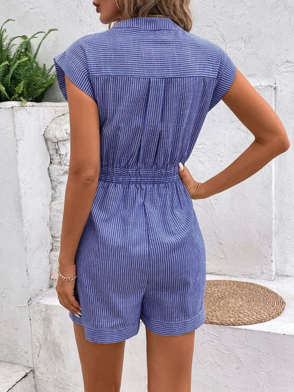 Striped Notched Tie Waist Romper - AMVIM