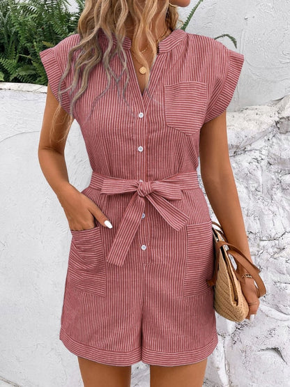 Striped Notched Tie Waist Romper - AMVIM