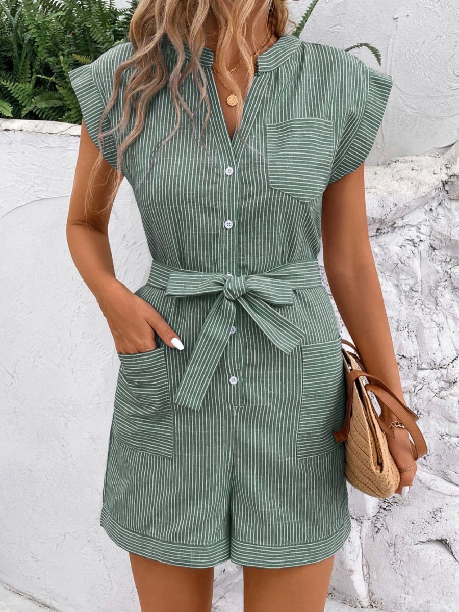 Striped Notched Tie Waist Romper - AMVIM