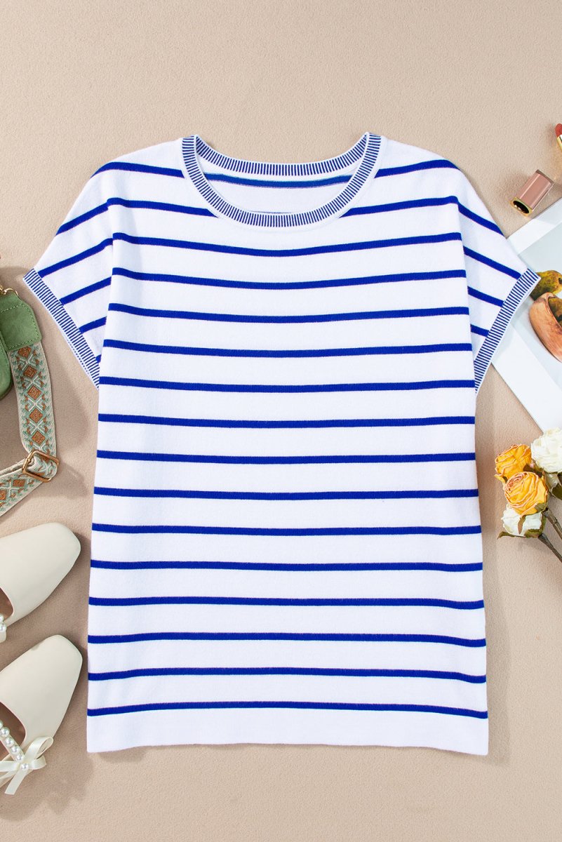 Striped Round Neck Cap Sleeve Knit Top - AMVIM