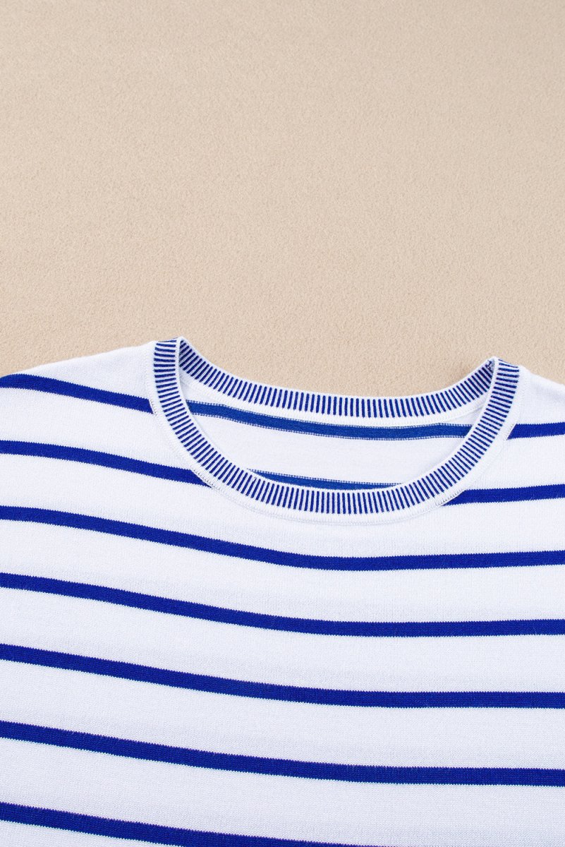 Striped Round Neck Cap Sleeve Knit Top - AMVIM