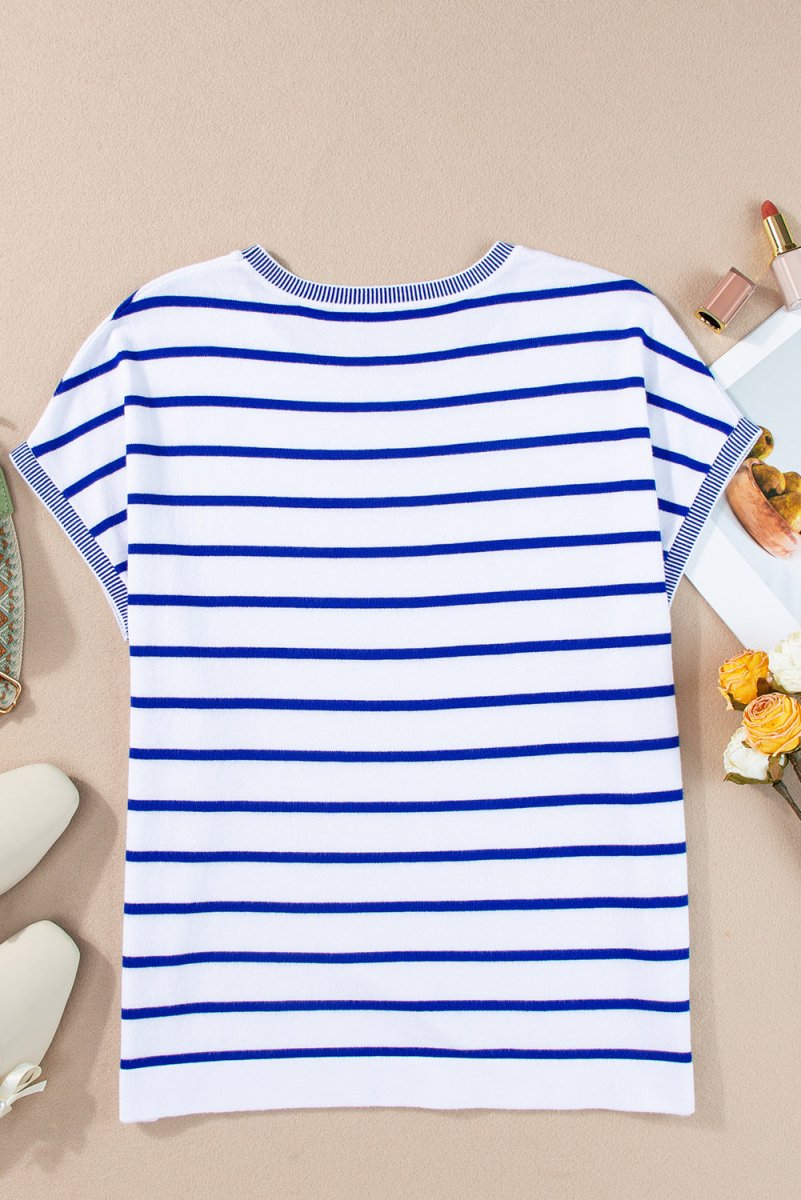 Striped Round Neck Cap Sleeve Knit Top - AMVIM