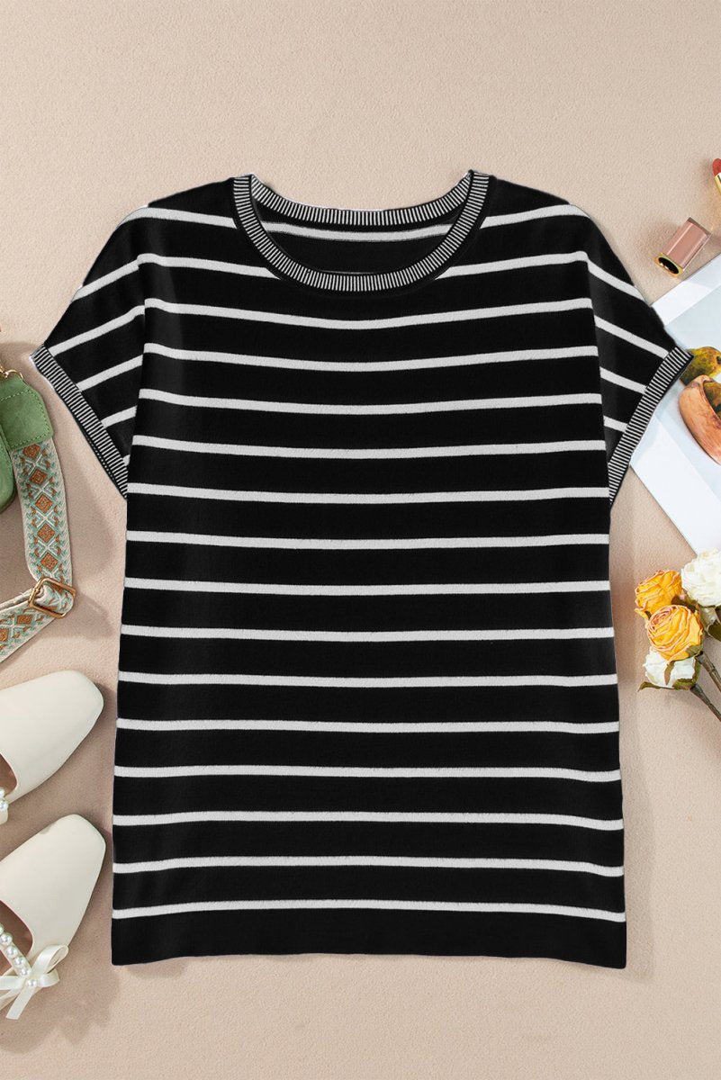 Striped Round Neck Cap Sleeve Knit Top - AMVIM