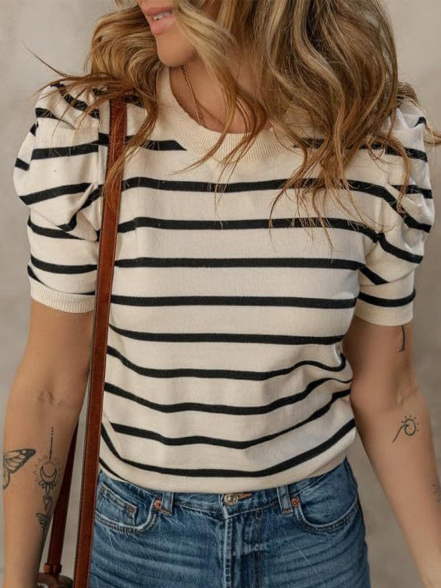 Striped Round Neck Puff Sleeve Knit Top - AMVIM | SKU: 100100654806933
