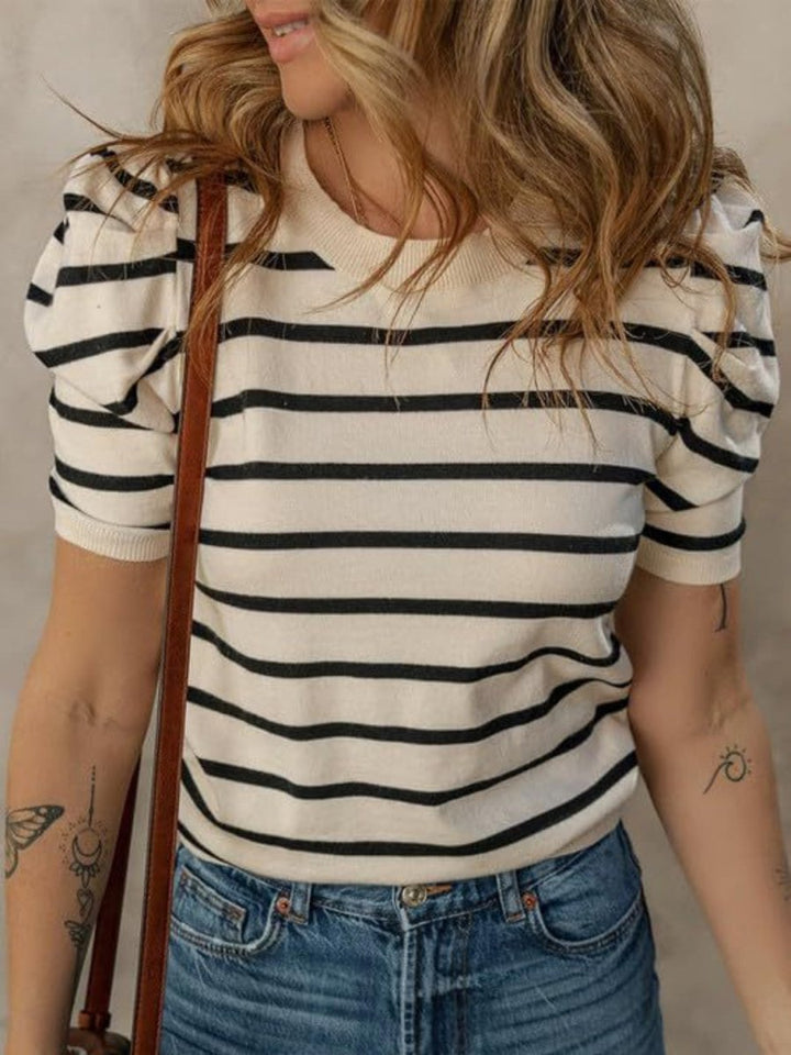 Striped Round Neck Puff Sleeve Knit Top - AMVIM | SKU: 100100654806933