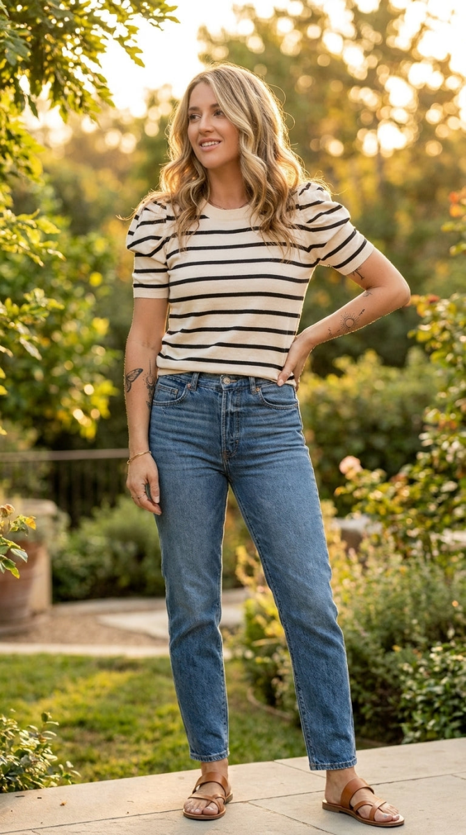 Striped Round Neck Puff Sleeve Knit Top - AMVIM