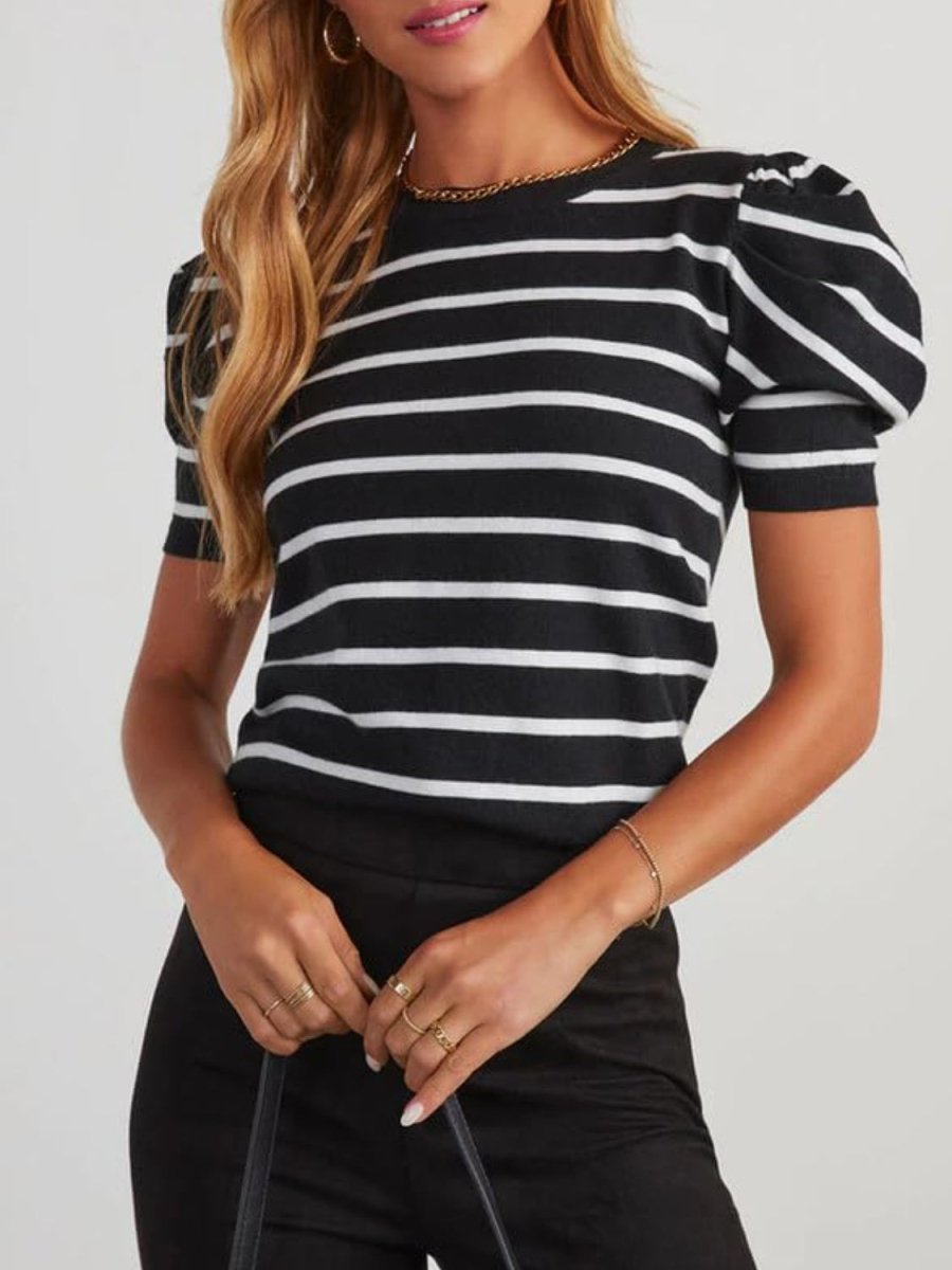 Striped Round Neck Puff Sleeve Knit Top - AMVIM | SKU: 100100654806933