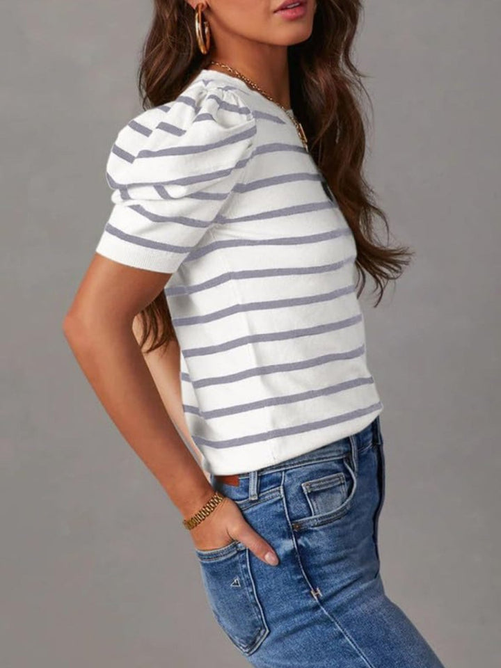 Striped Round Neck Puff Sleeve Knit Top - AMVIM | SKU: 100100654806933