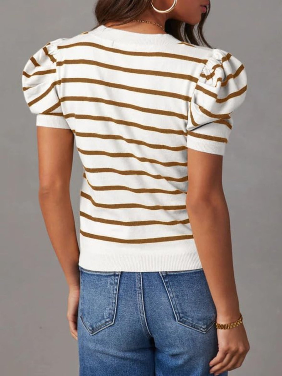 Striped Round Neck Puff Sleeve Knit Top - AMVIM | SKU: 100100654806933