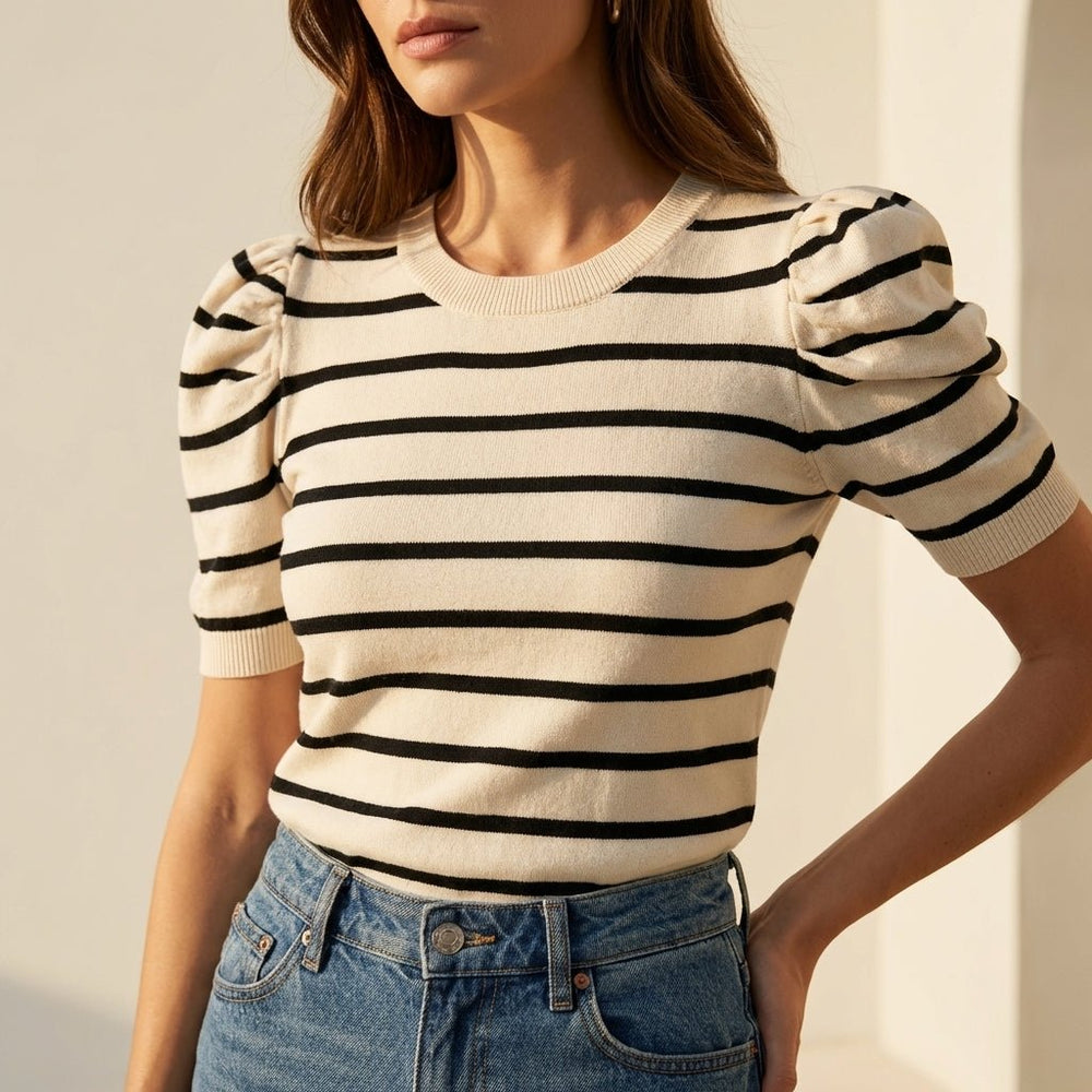 Striped Round Neck Puff Sleeve Knit Top - AMVIM